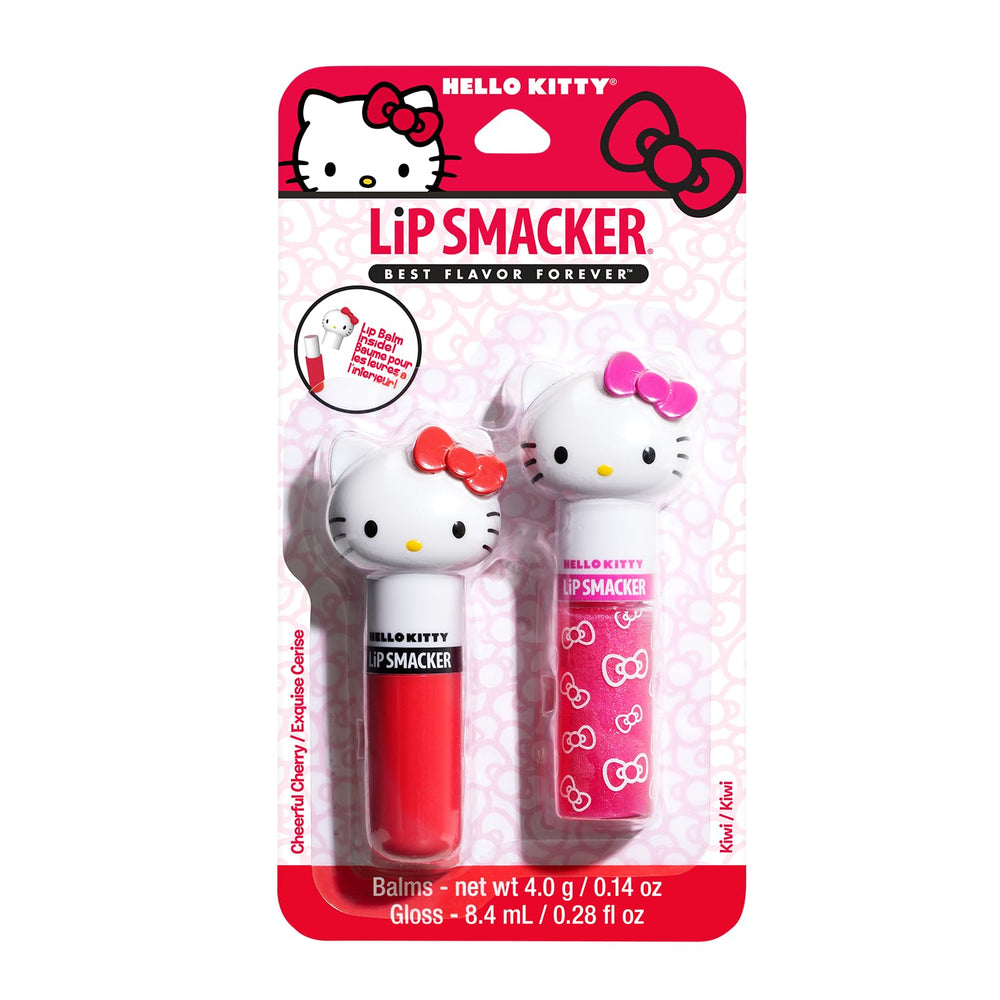 Lip Smacker Hello Kitty front packaging showing cheerful cherry and kiwi duo benefit portability