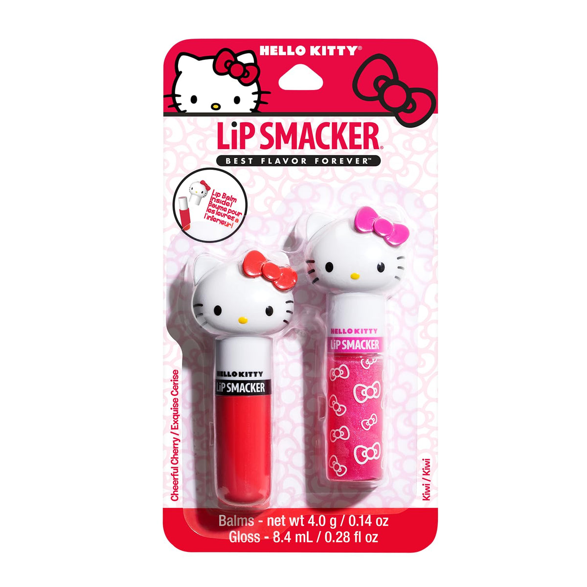 Lip Smacker Hello Kitty front packaging showing cheerful cherry and kiwi duo benefit portability