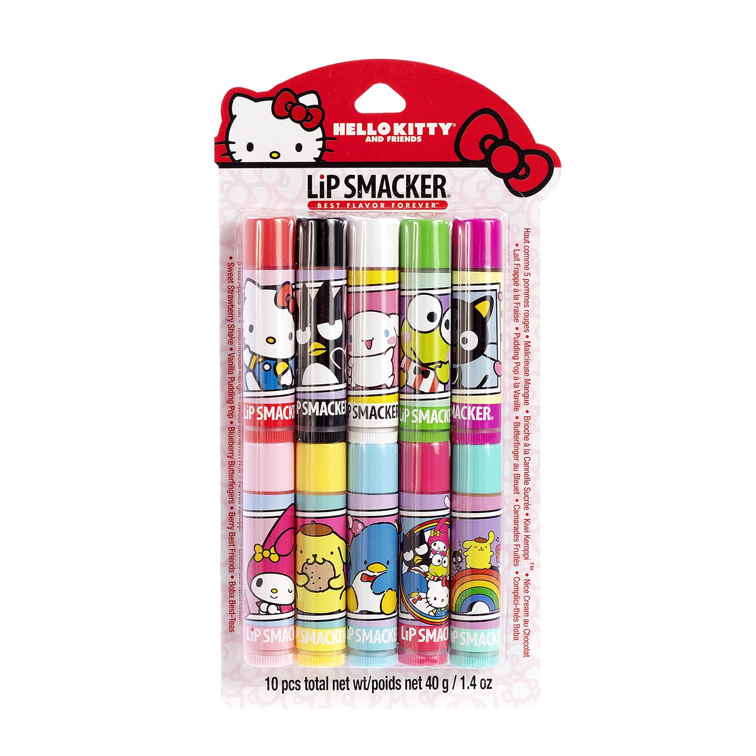Lip Smacker front view showing ten Sanrio character tubes and colorful packaging benefit: easy gifting