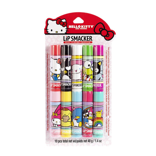 Lip Smacker front view showing ten Sanrio character tubes and colorful packaging benefit: easy gifting