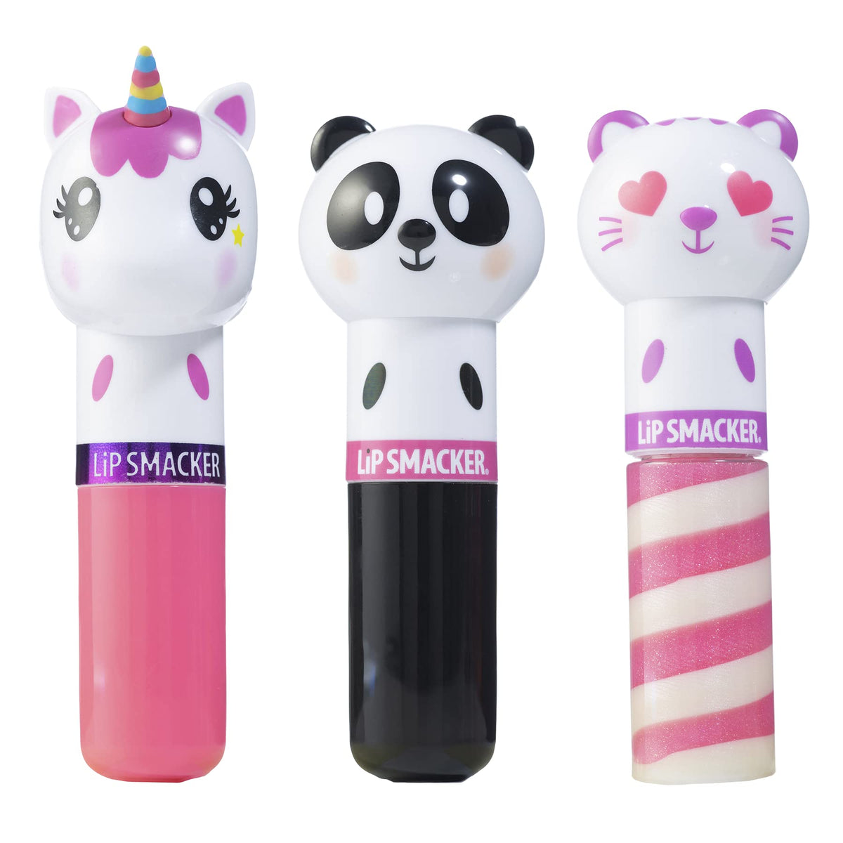 Lip Smacker front packaging showing the three animal lip balms and flavors for gift-ready appeal