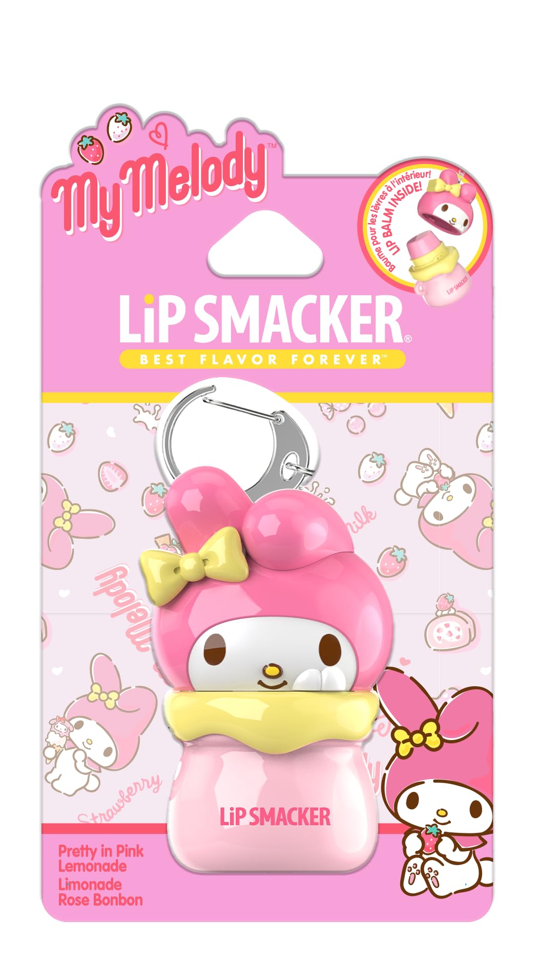 Lip Smacker My Melody front packaging shown clipped to a bag for on-the-go convenience