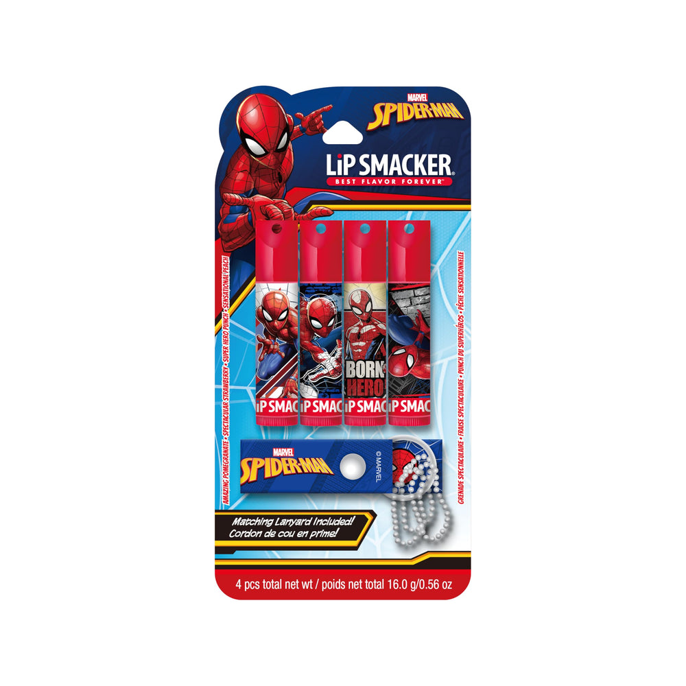 Lip Smacker Spider-Man front packaging showing duo and lanyard, keeps balms handy