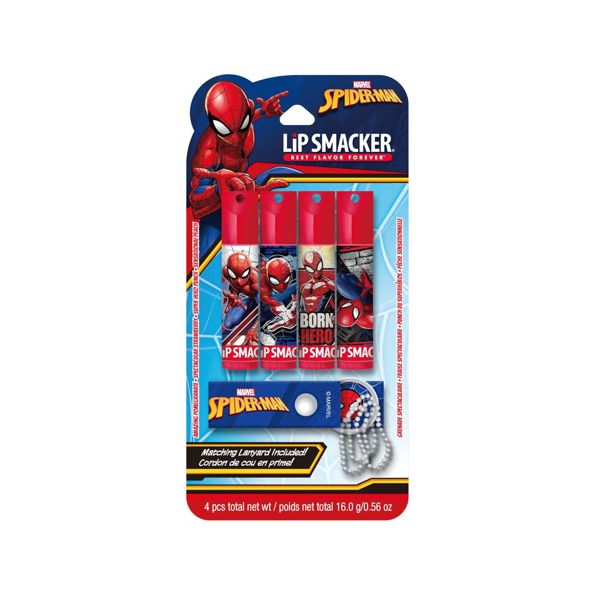 Lip Smacker Spider-Man front packaging showing duo and lanyard, keeps balms handy