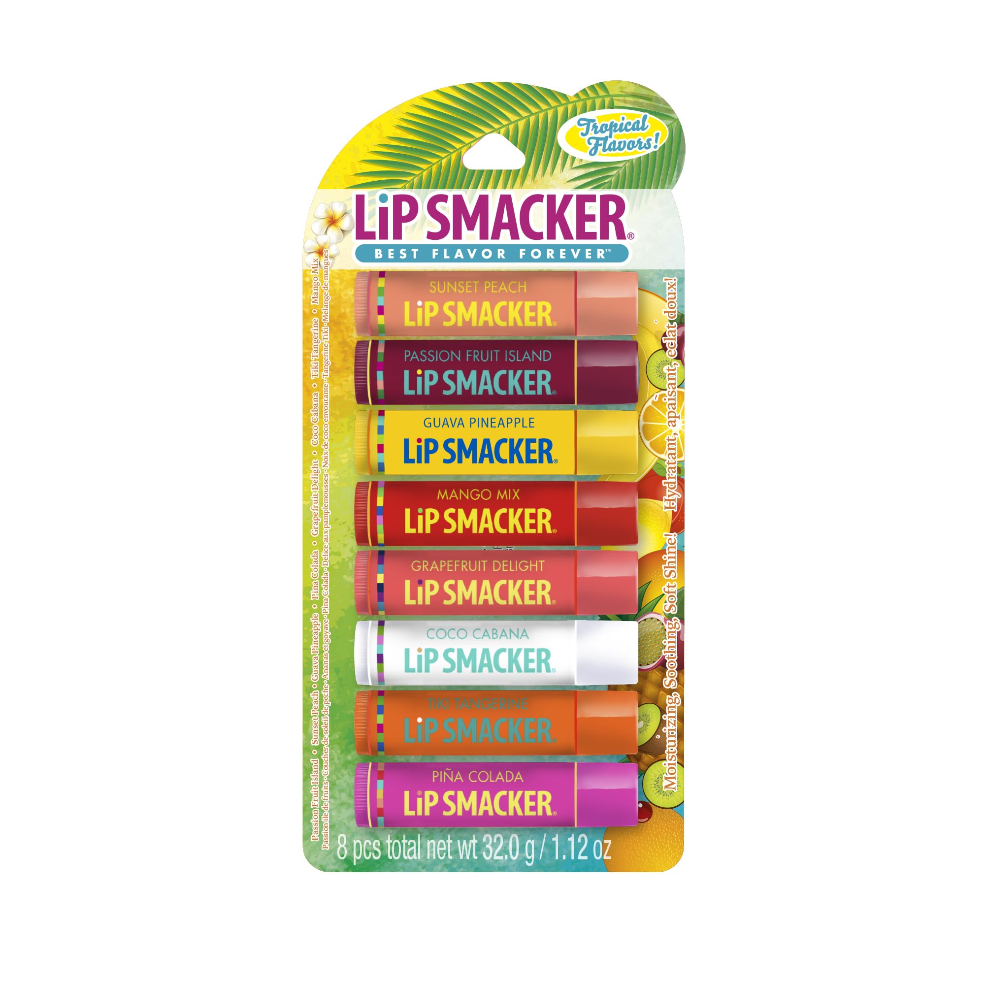 Lip Smacker front packaging showing all eight tropical flavors and bright design benefit quick flavor choice