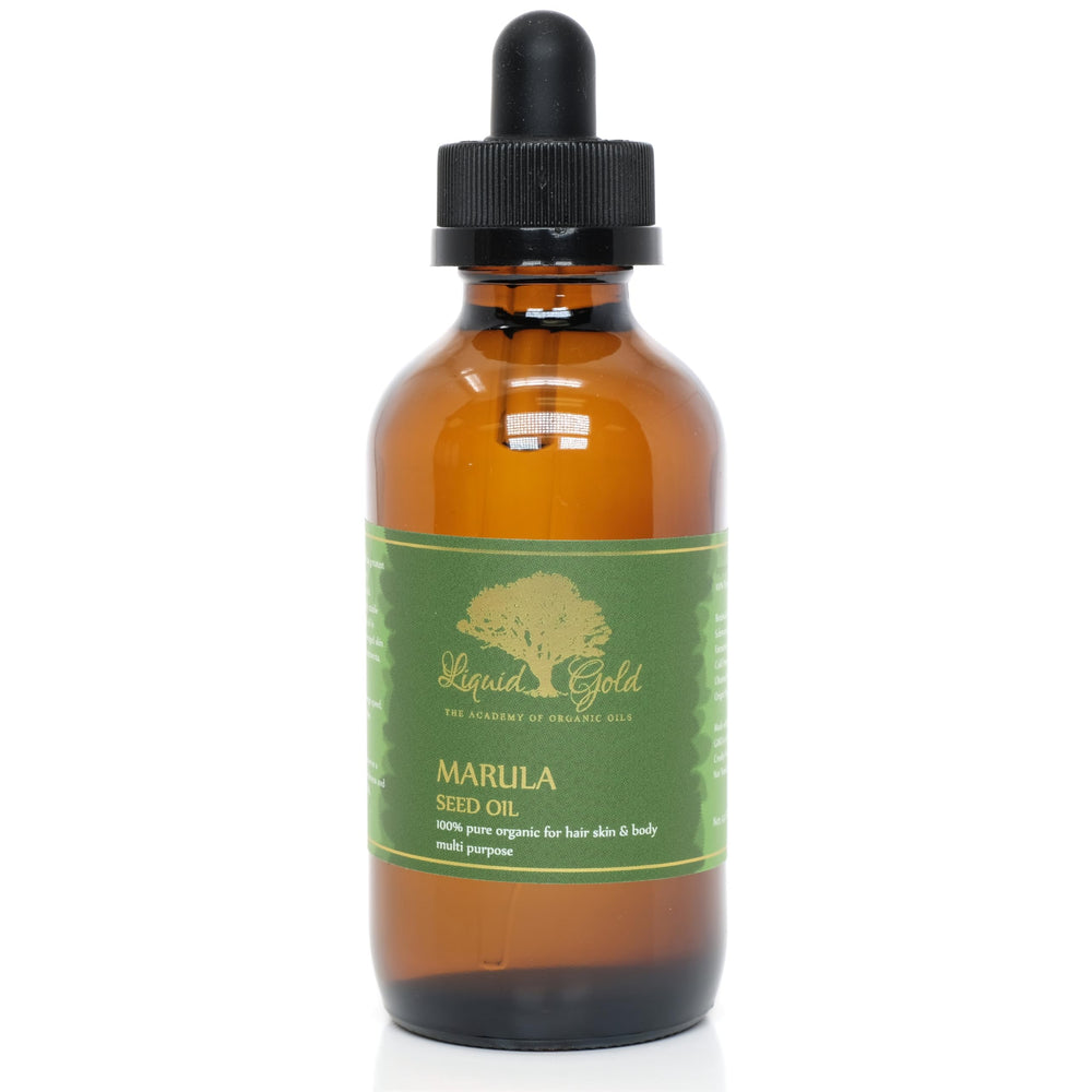 Liquid Gold Inc front glass bottle showing label and organic marula oil benefit