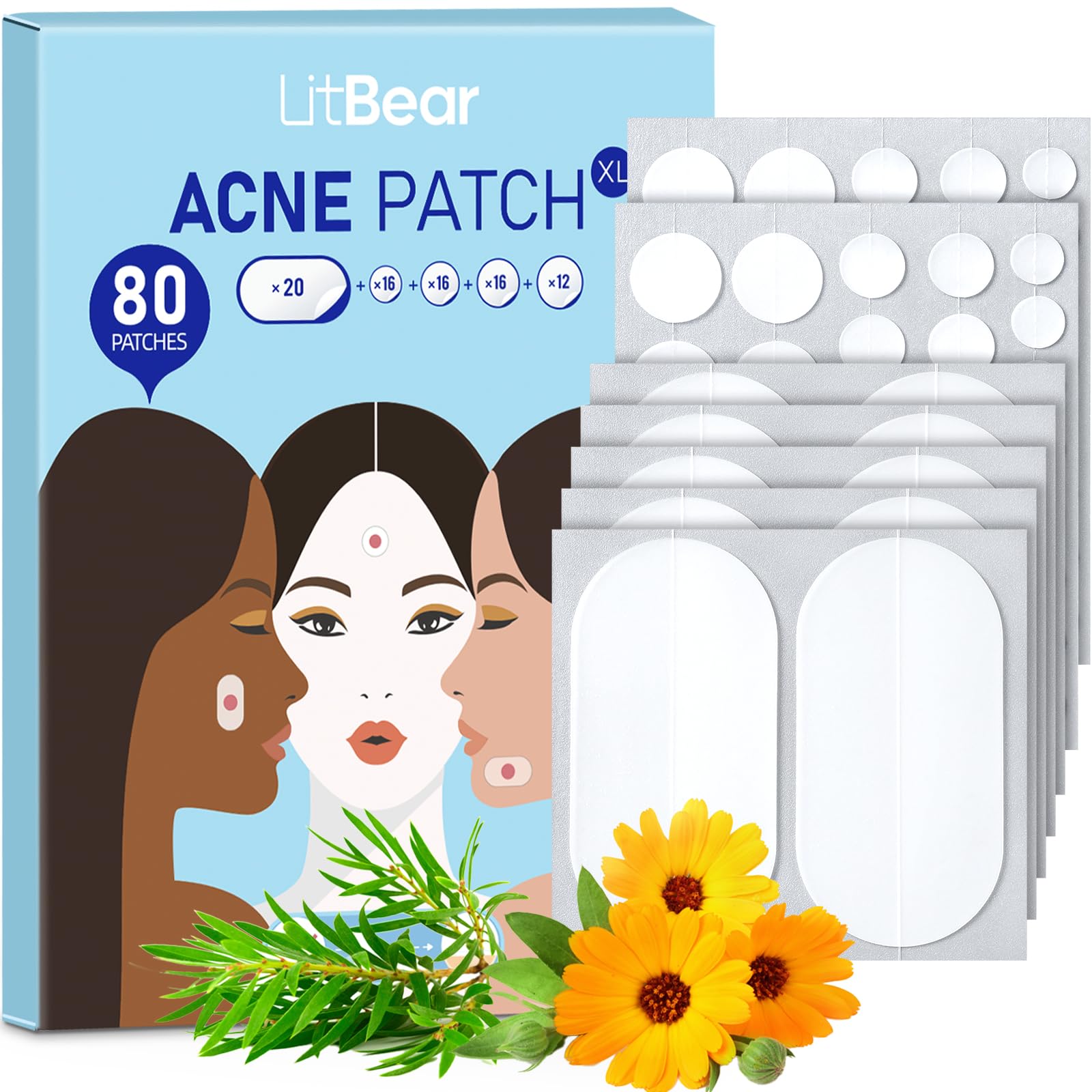 LitBear front package showing large acne patches and brand benefits