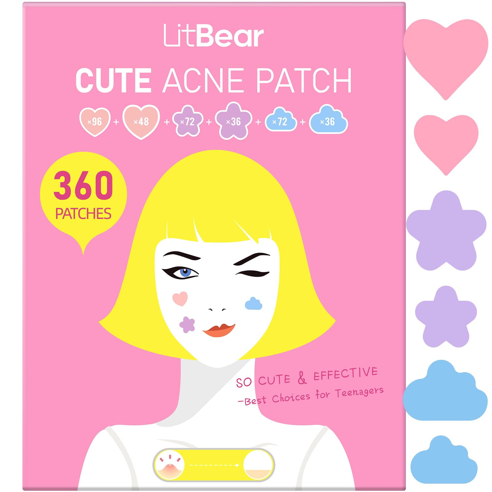 LitBear front package showing 360 acne patches and benefits