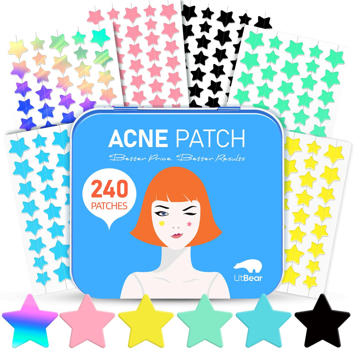 LitBear front packaging showing colorful star pimple patch assortment and case benefit: organized storage