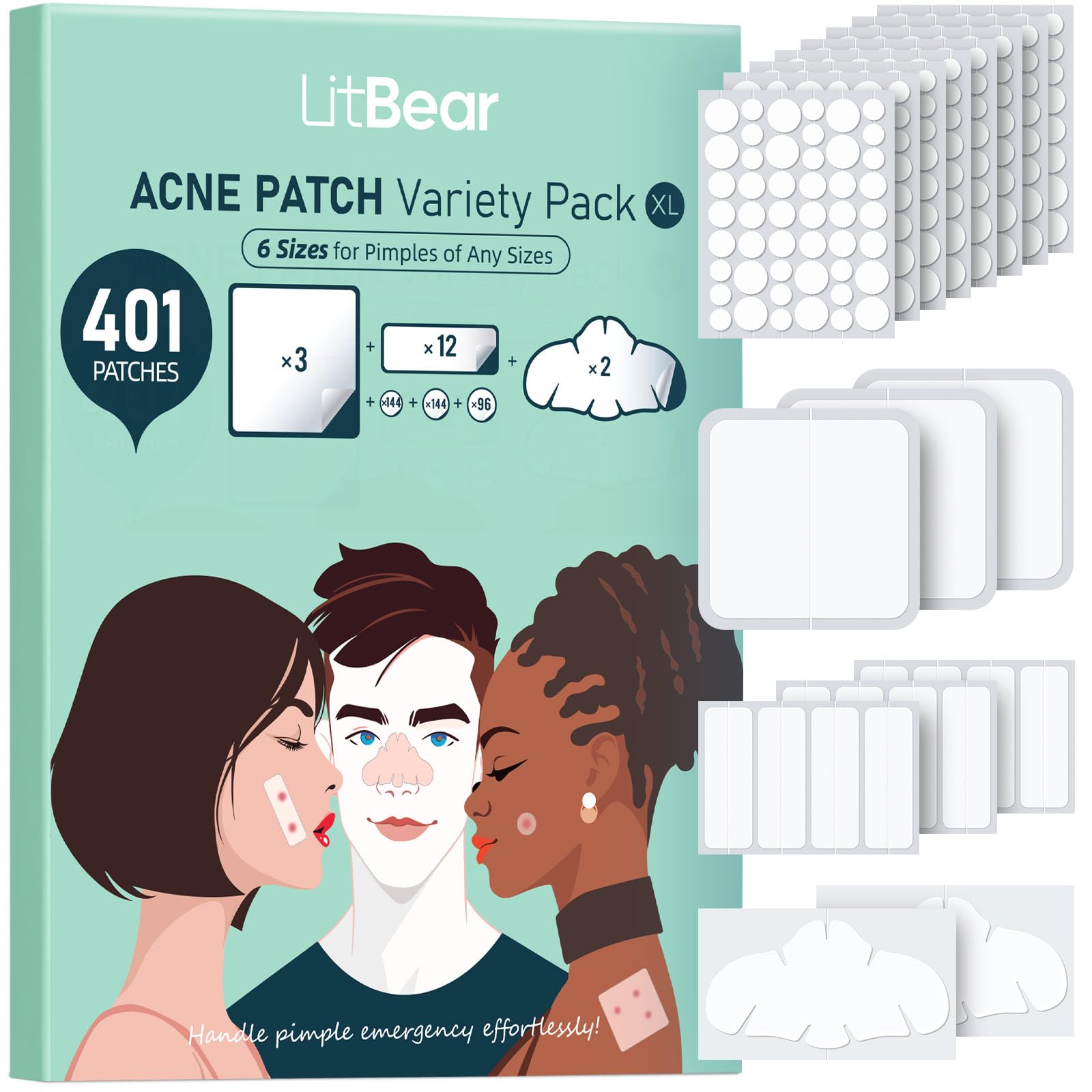 LitBear front packaging displaying 401 patches and size range, protective set