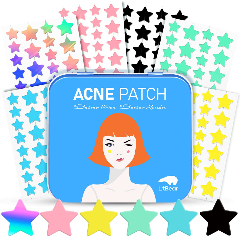 LitBear front packaging showing colorful star pimple patches and case, convenient carry benefit