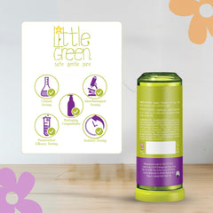 Little Green ingredients label listing oils and vitamin E for nourishment and safety