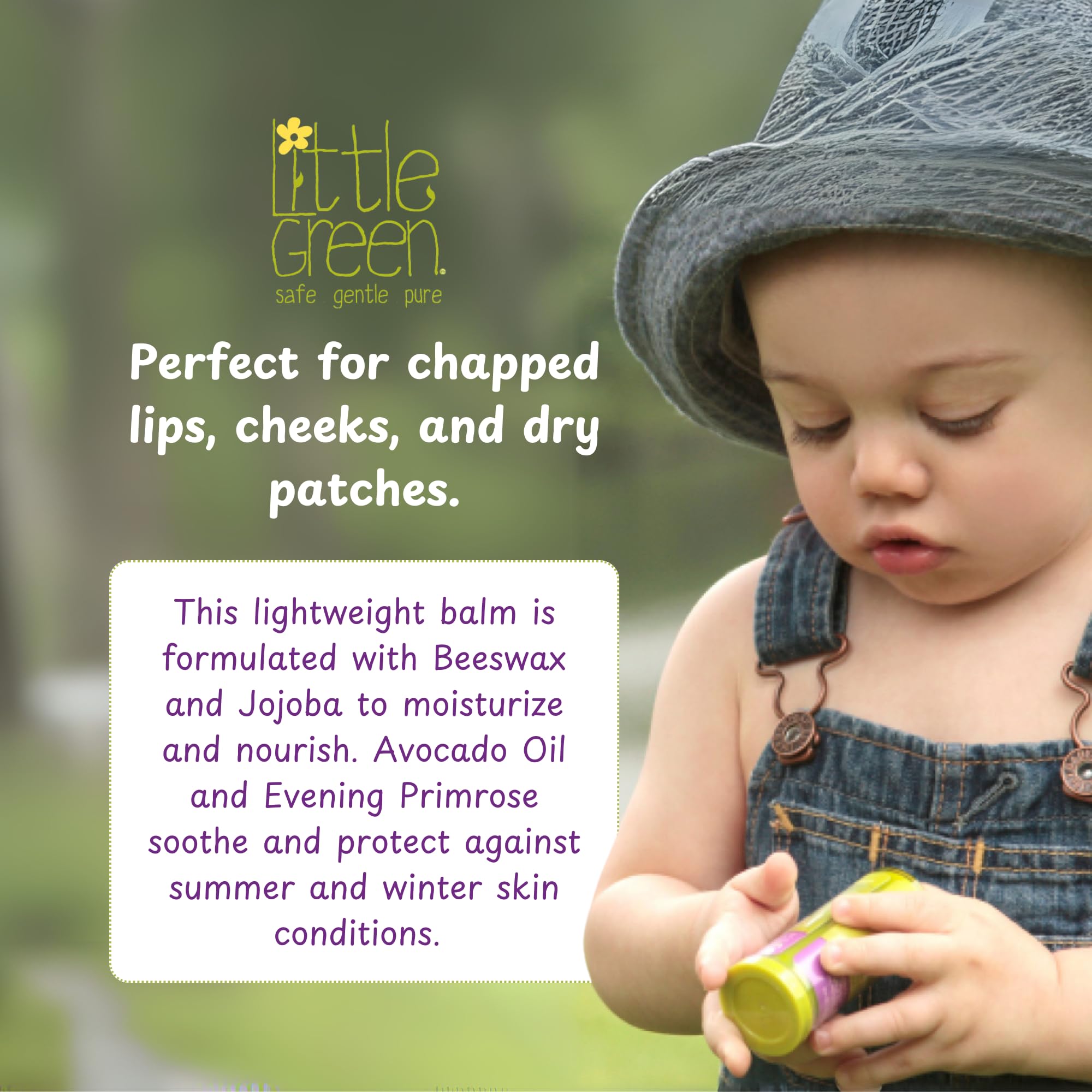 Little Green balm stick opened to reveal smooth tip, easy application for kids