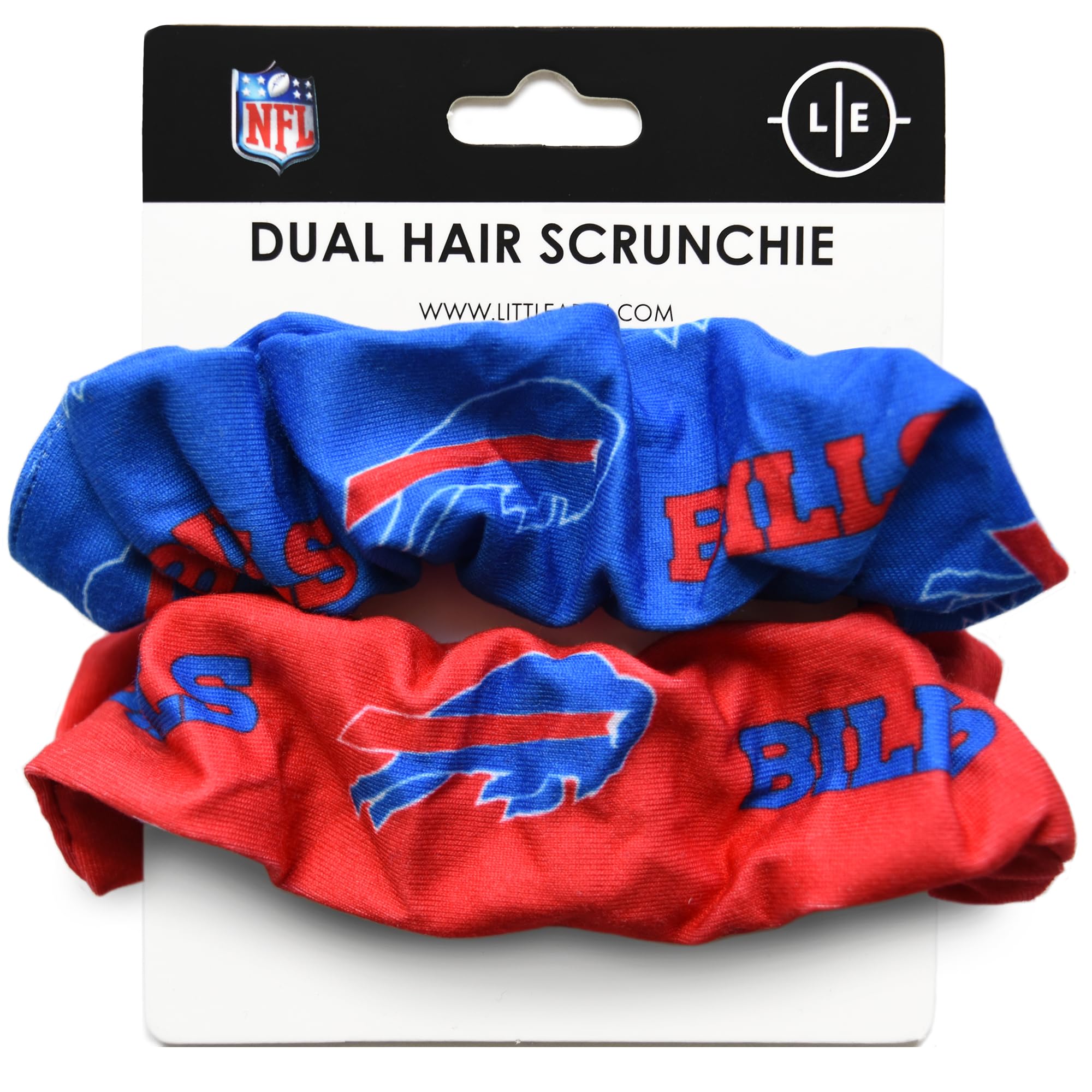 Littlearth Buffalo Bills front packaging showing two-team-color scrunchies and team logos for stylish fan support