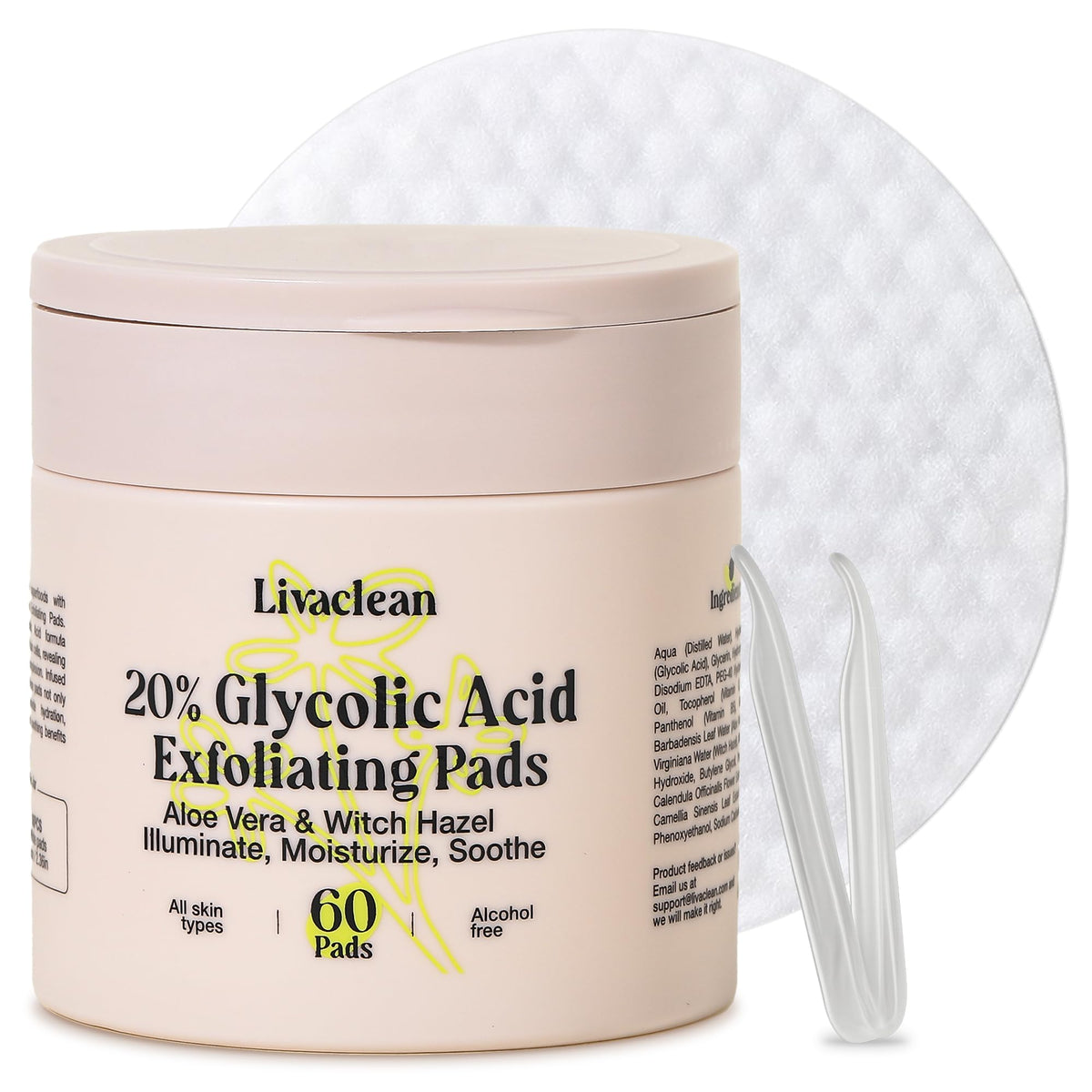 LivaClean jar front view showing label and 60 pads for convenient resurfacing