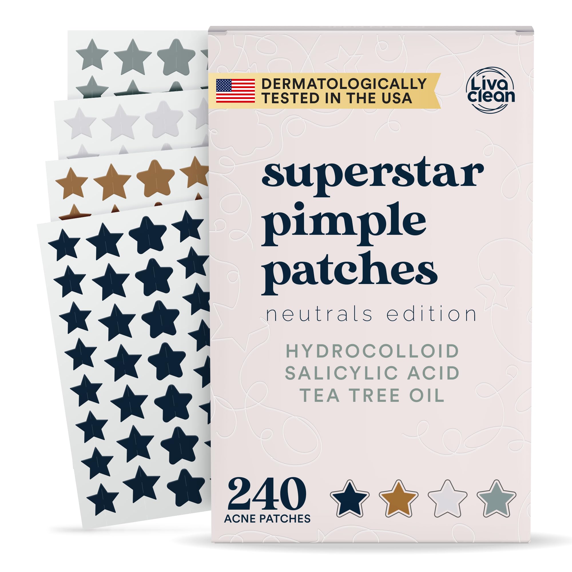 LivaClean front packaging showing neutral star acne patches and quantity benefit