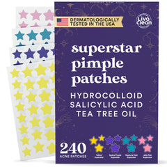 LivaClean front packaging showing 240 star pimple patches and colorful design for confidence