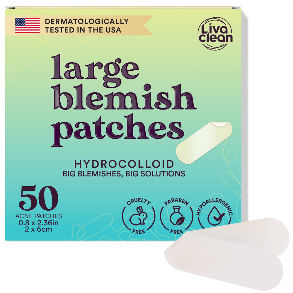 LivaClean front packaging showing 50-count XL hydrocolloid patches and benefits