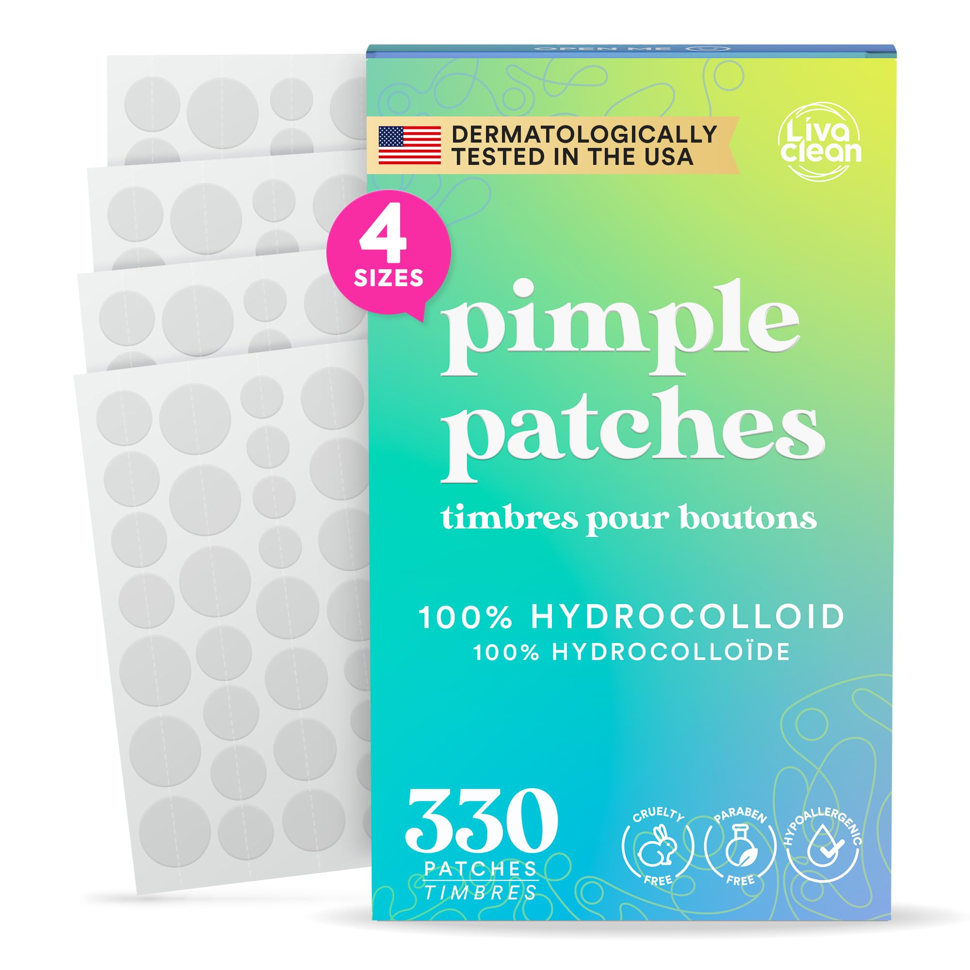 LivaClean front packaging showing 330 acne patches for long-lasting value