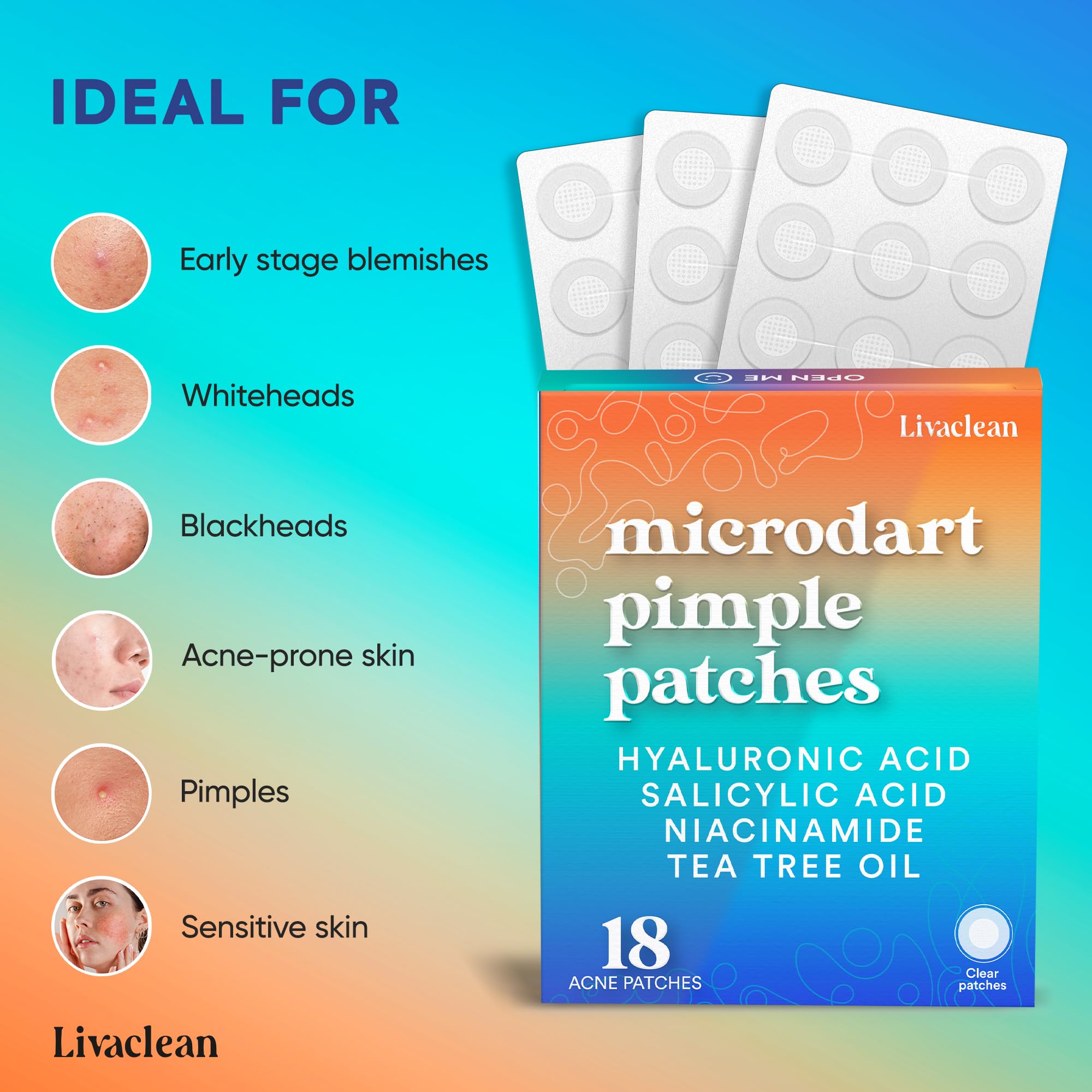 LivaClean ingredients label highlighting salicylic acid, tea tree, and hyaluronic benefits