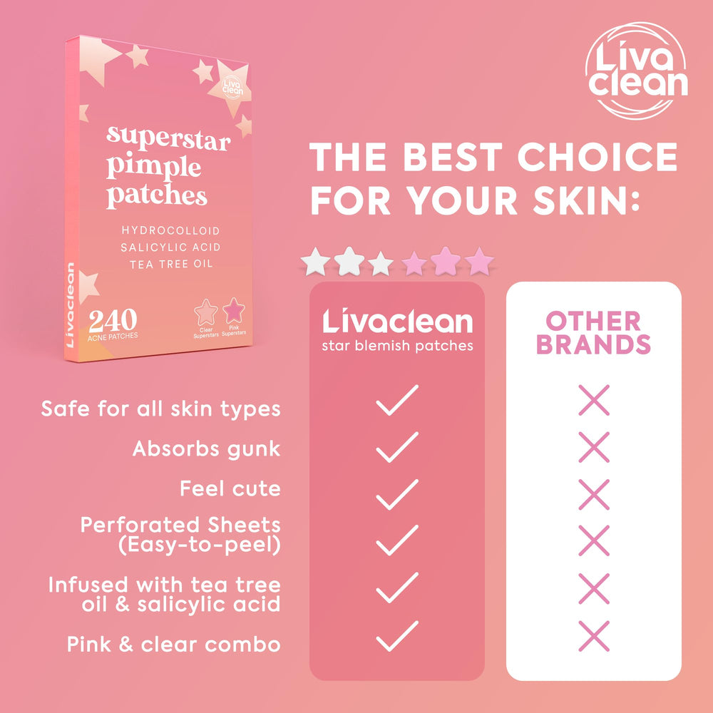 LivaClean pink star patches arranged showing color options and aesthetic benefit
