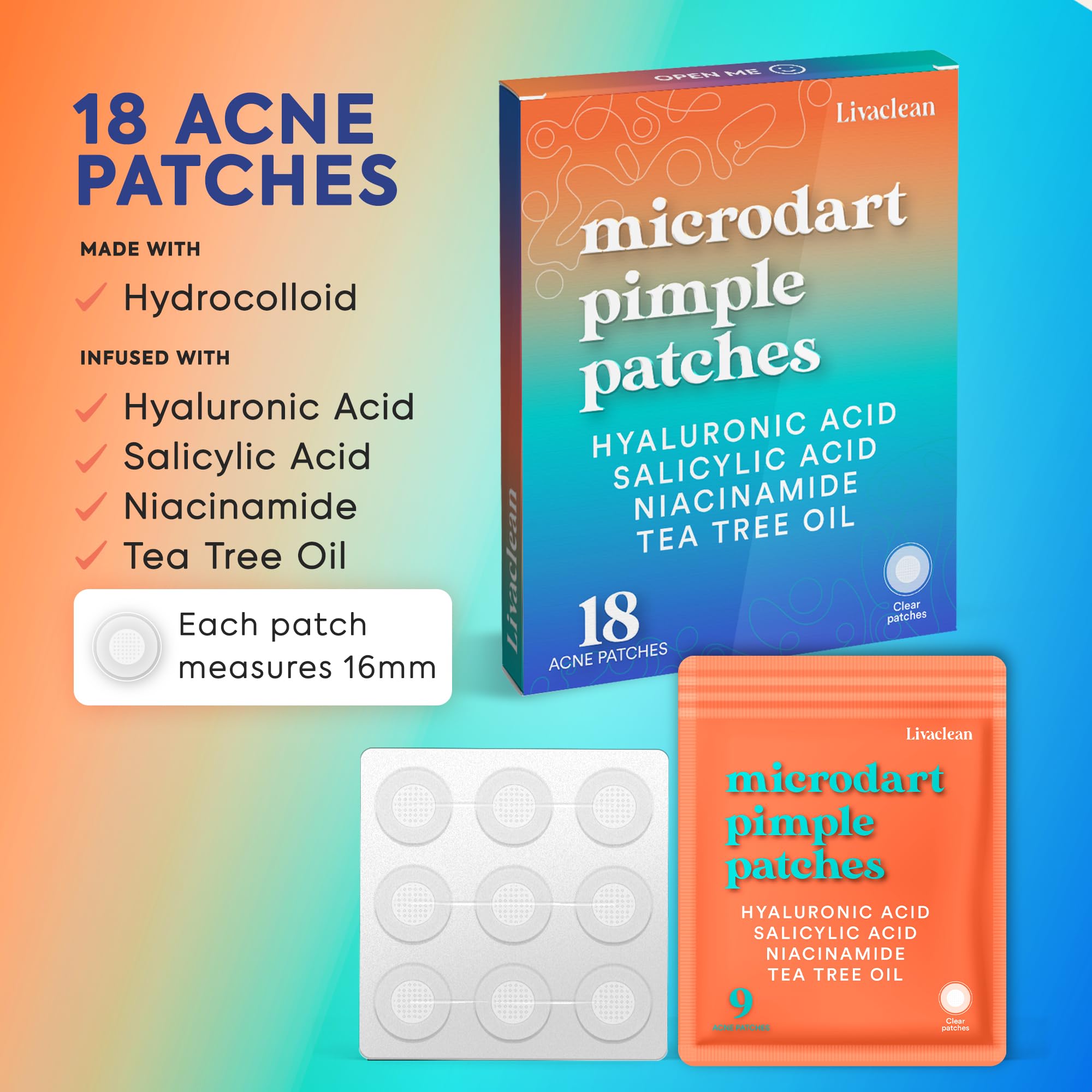 LivaClean single sheet layout with nine large patches illustrating coverage convenience