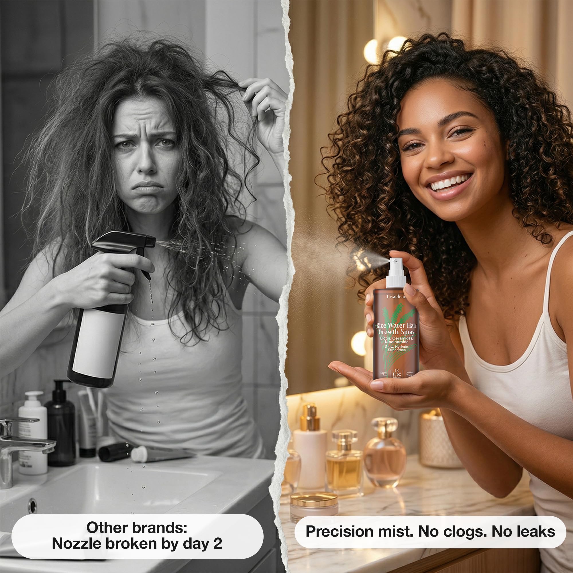 LivaClean mist on curly hair showing lightweight hydration and reduced frizz