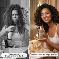 LivaClean mist on curly hair showing lightweight hydration and reduced frizz