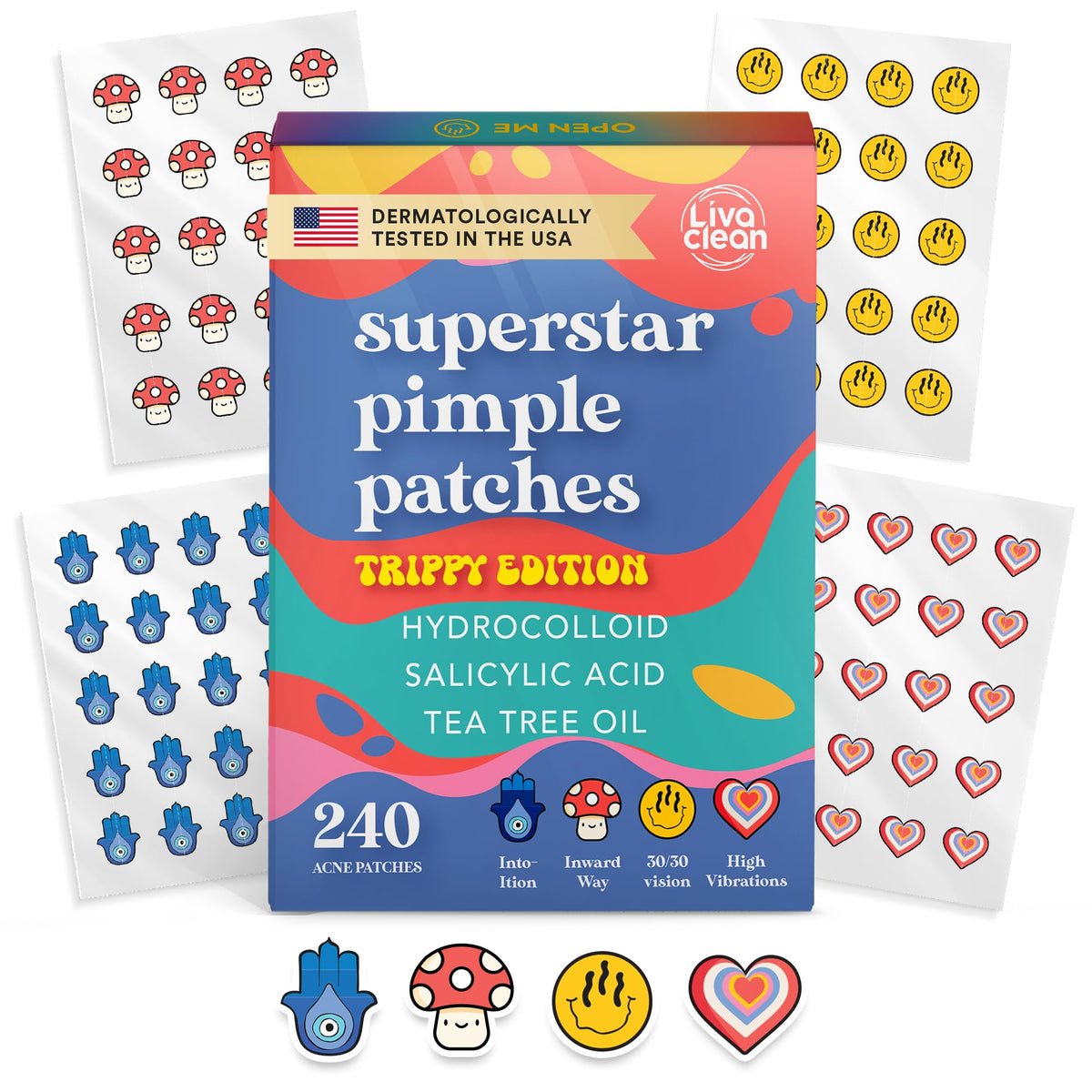 LivaClean front packaging showing 240-count Trippy Edition and benefits