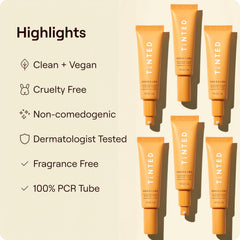 Live Tinted Hueguard next to a hand showing 1.7 fl oz size and travel-friendly scale