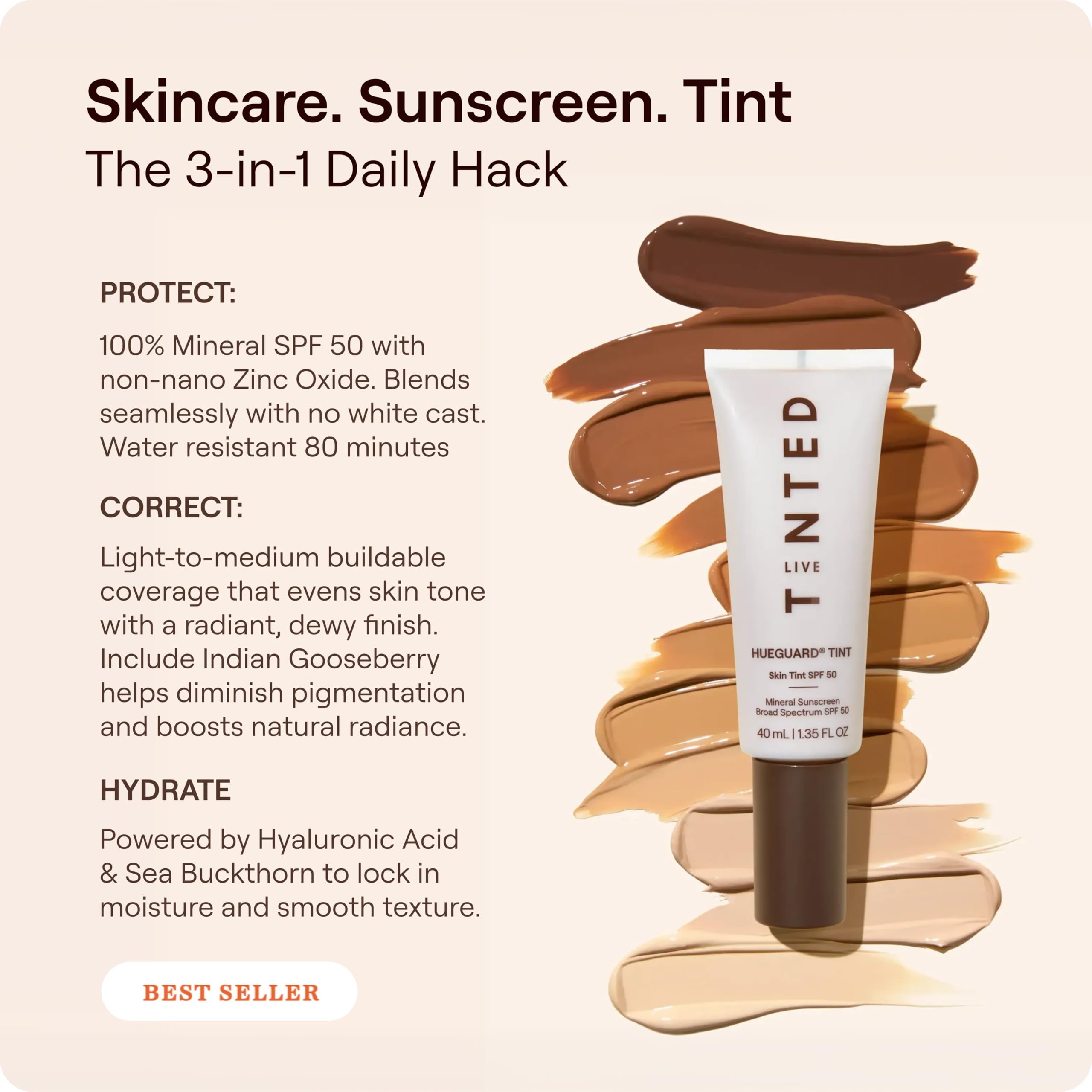 Live Tinted close-up texture swirled on skin, demonstrates dewy finish and smooth blendability