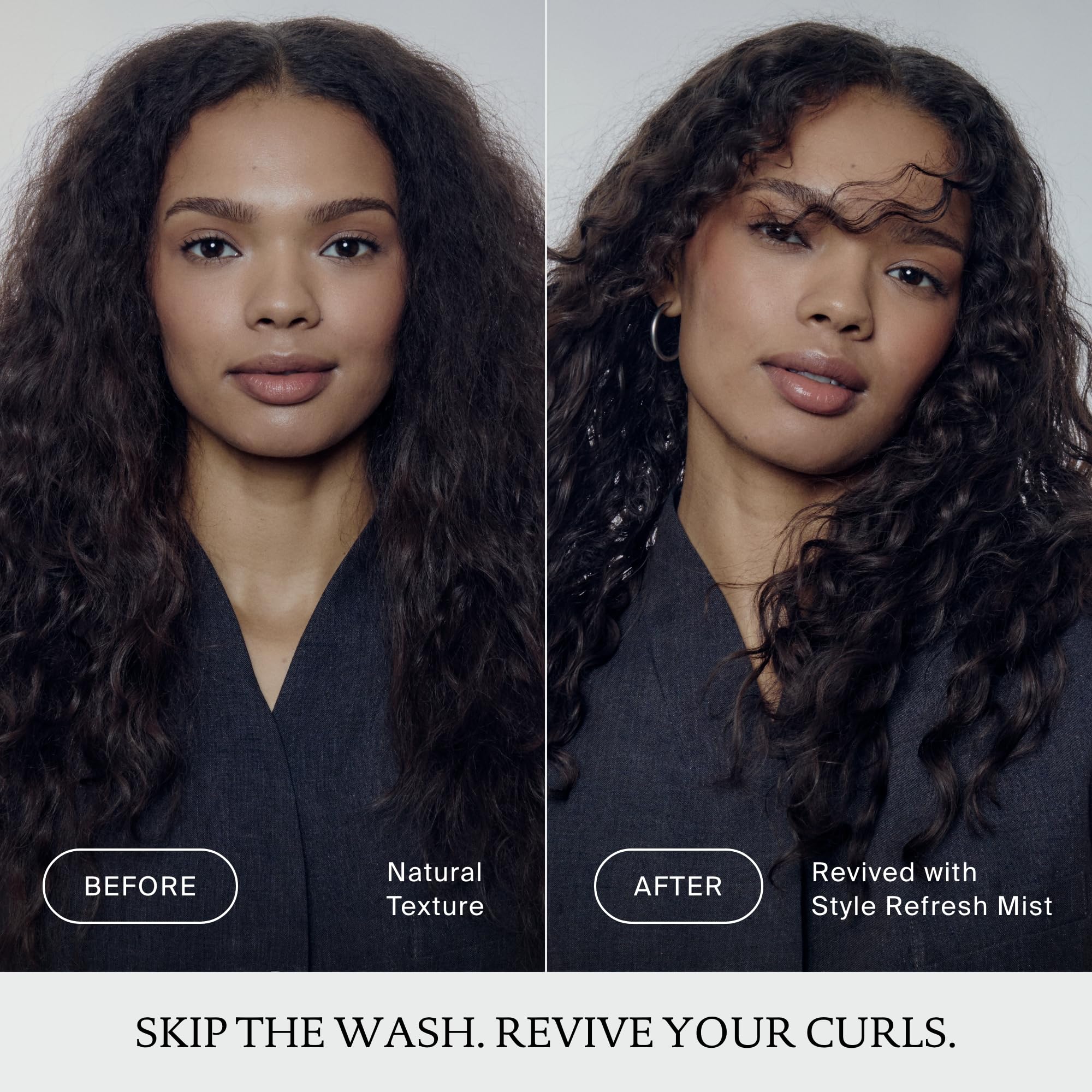 Living Proof before and after refresh comparison showing smoother, revived hair benefit