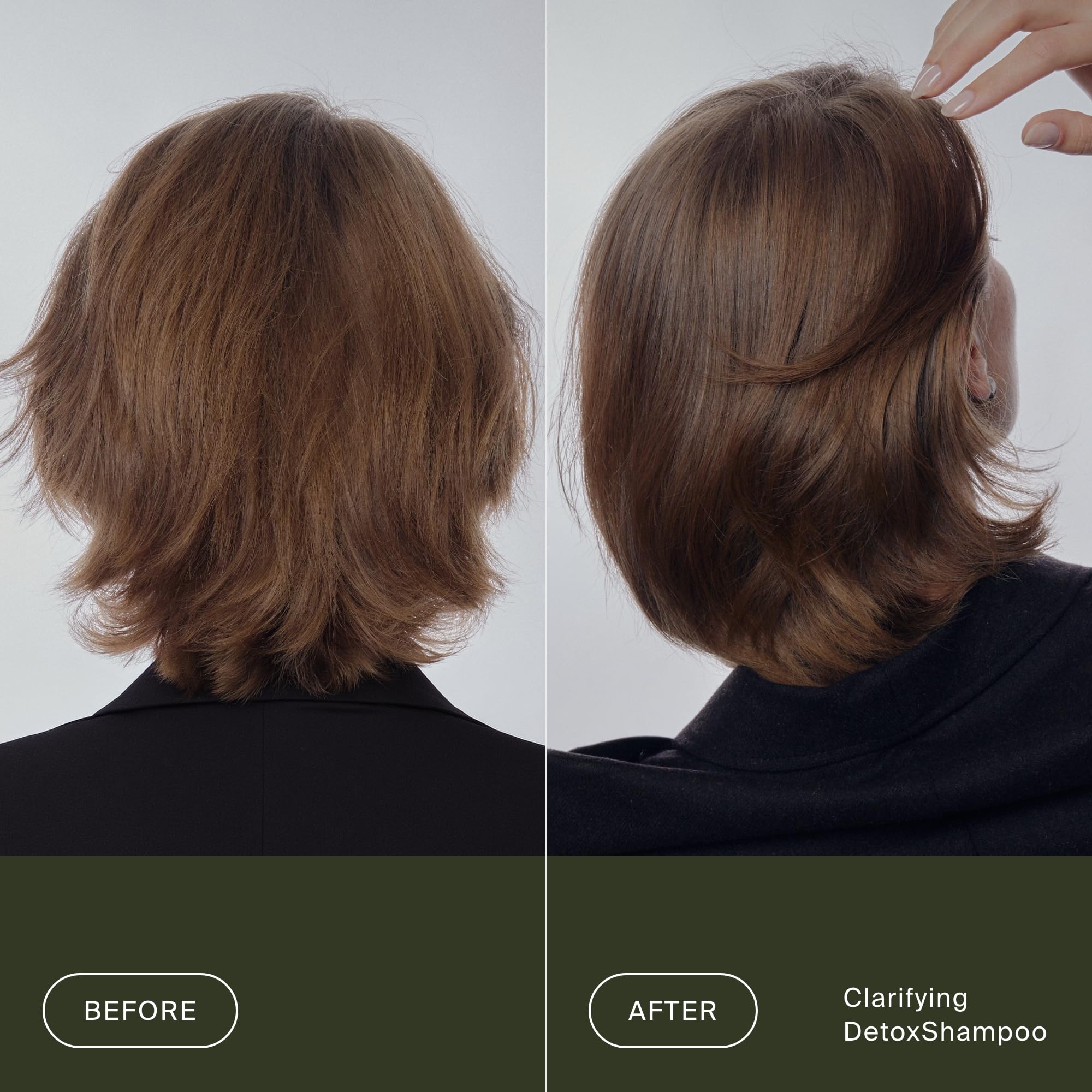 Living Proof before and after photos showing brighter less weighed hair
