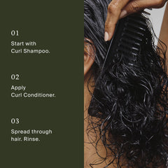 Living Proof curl conditioner on bathroom shelf lifestyle image implying daily routine convenience