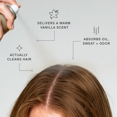Living Proof applying spray to roots to absorb oil and refresh hair appearance