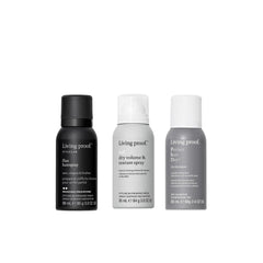 Living Proof front packaging bundle showing compact travel sizes and benefits