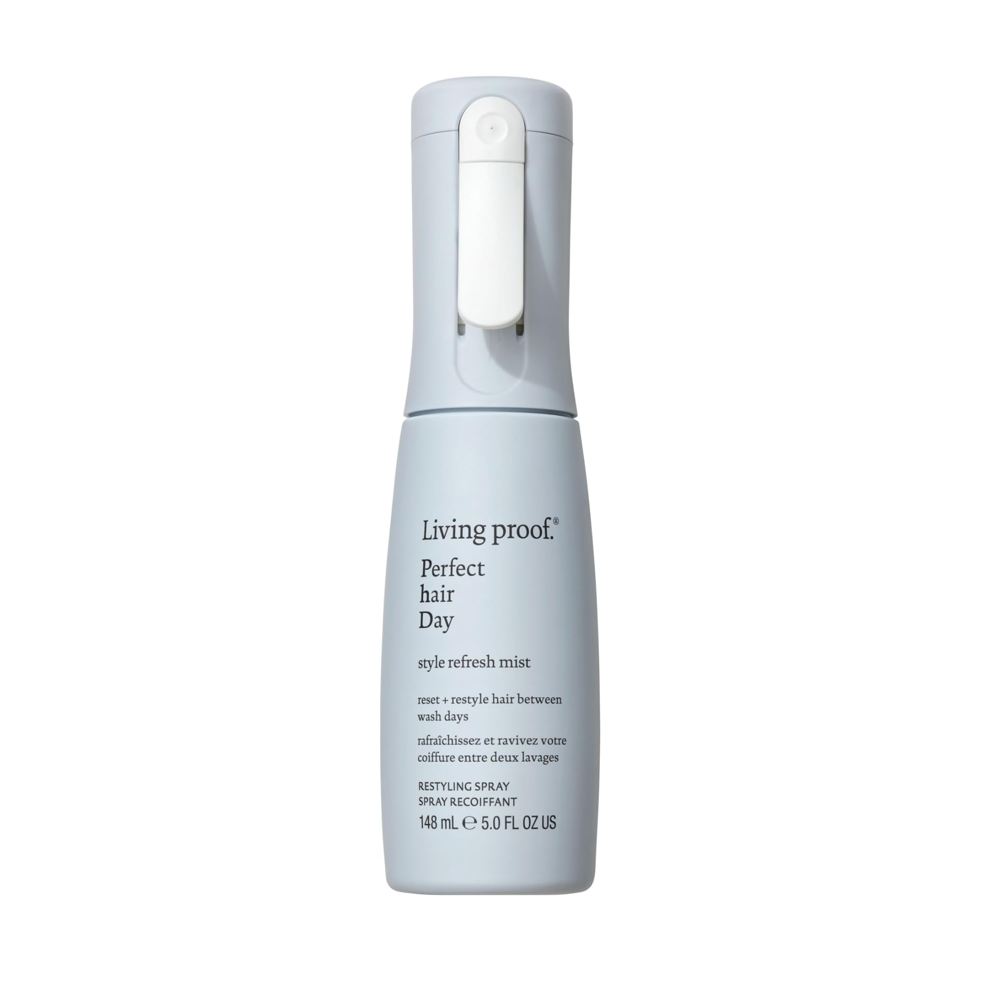Living Proof front pump spray showing clean packaging and quick application benefit
