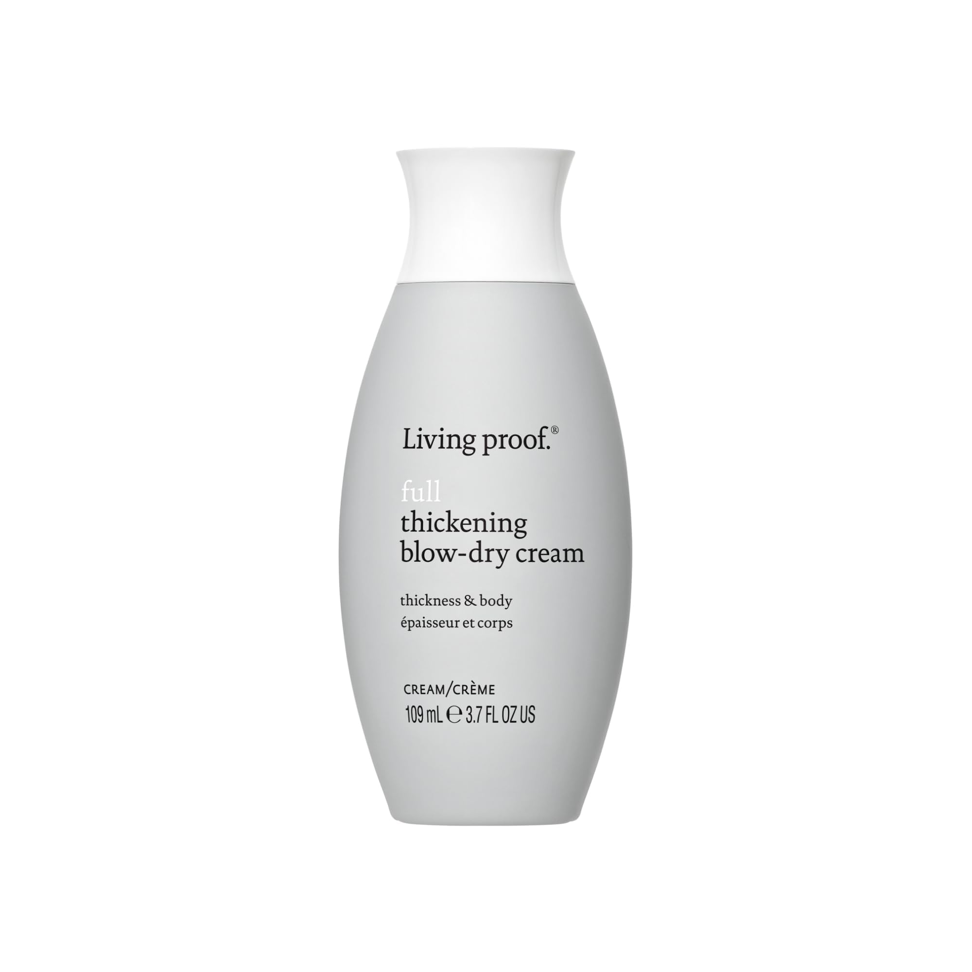 Living Proof front view of full thickening blow-dry cream packaging for product identification and trust