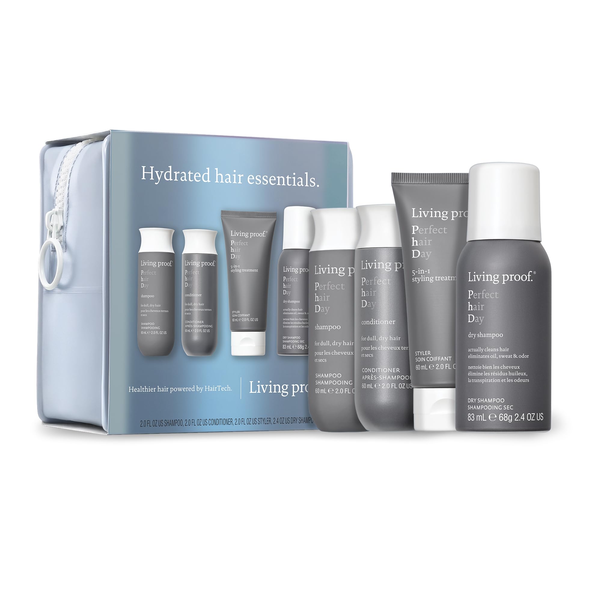 Living Proof kit front packaging showing travel sizes and value benefit
