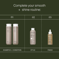 Living Proof oil on curly hair showcasing defined, frizz-controlled finish benefit