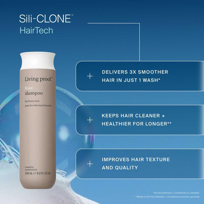 Living Proof No Frizz Shampoo bottle closeup highlighting clean-lather benefit