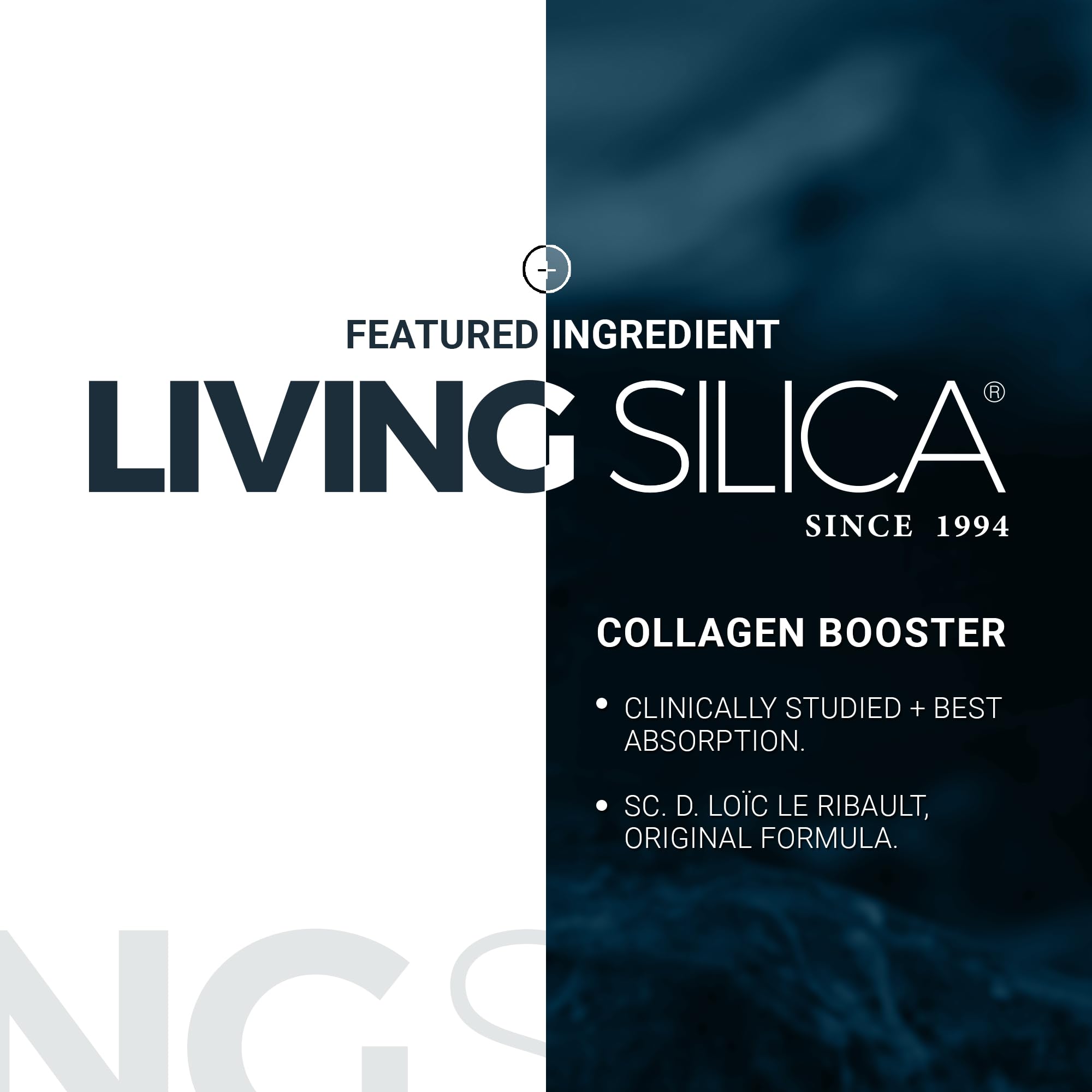 Living Silica label close-up highlighting ingredients and clinical backing benefit