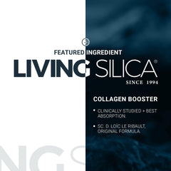 Living Silica label close-up highlighting ingredients and clinical backing benefit