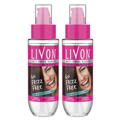 Livon front bottle showing product and benefit of frizz control