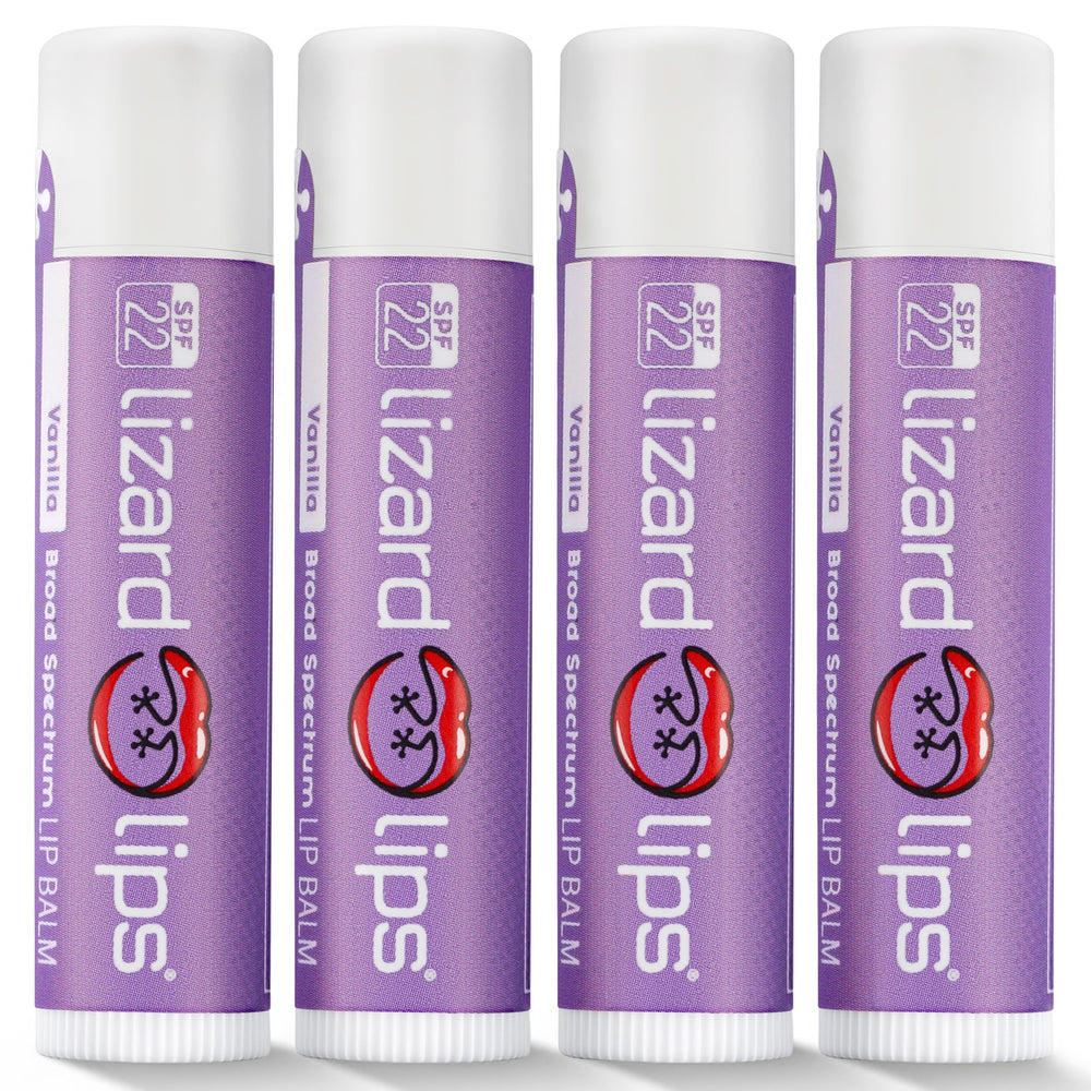 LizardLips front packaging showing SPF 22 and vanilla scent benefit
