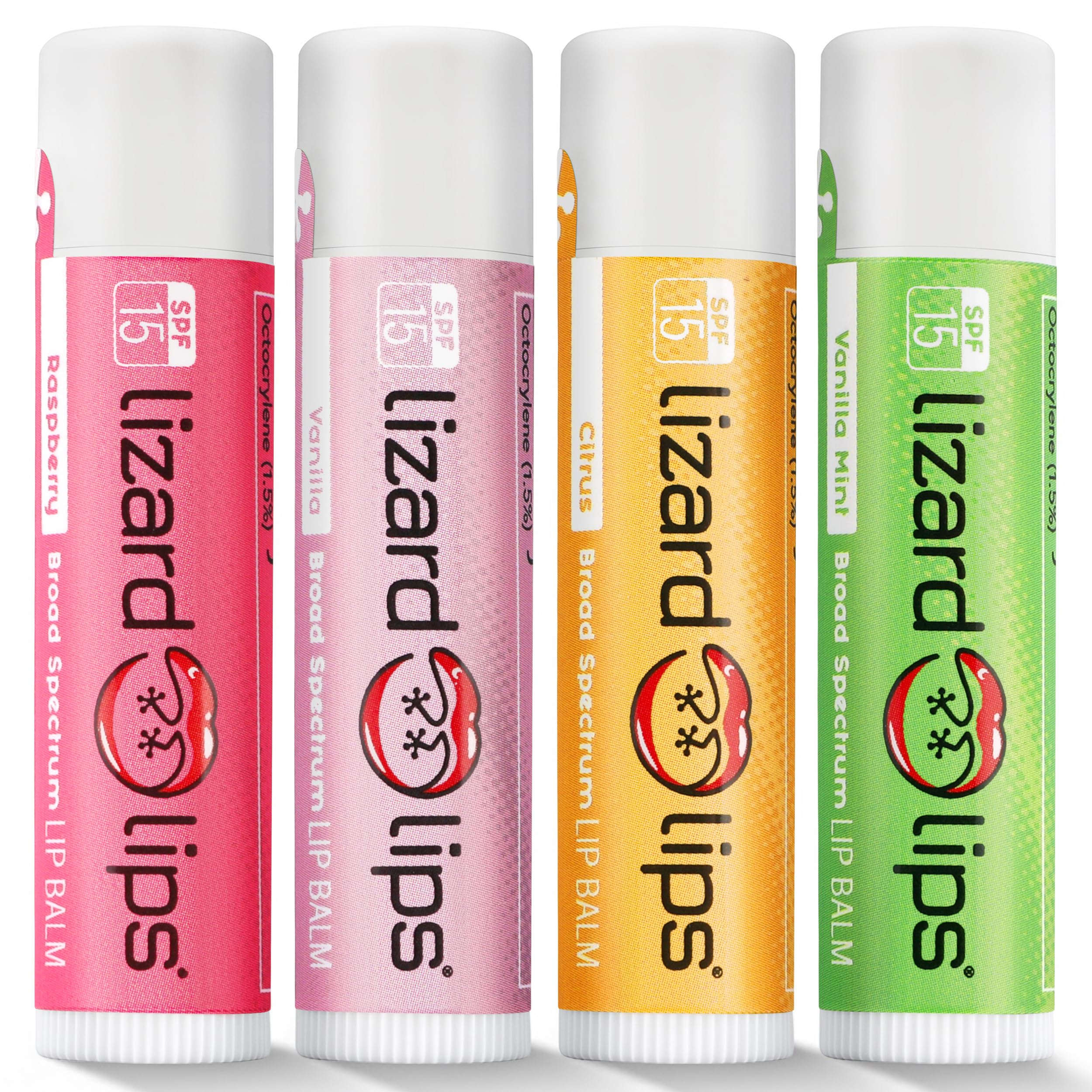 LizardLips front packaging showing four flavored SPF 15 tubes and clear benefit