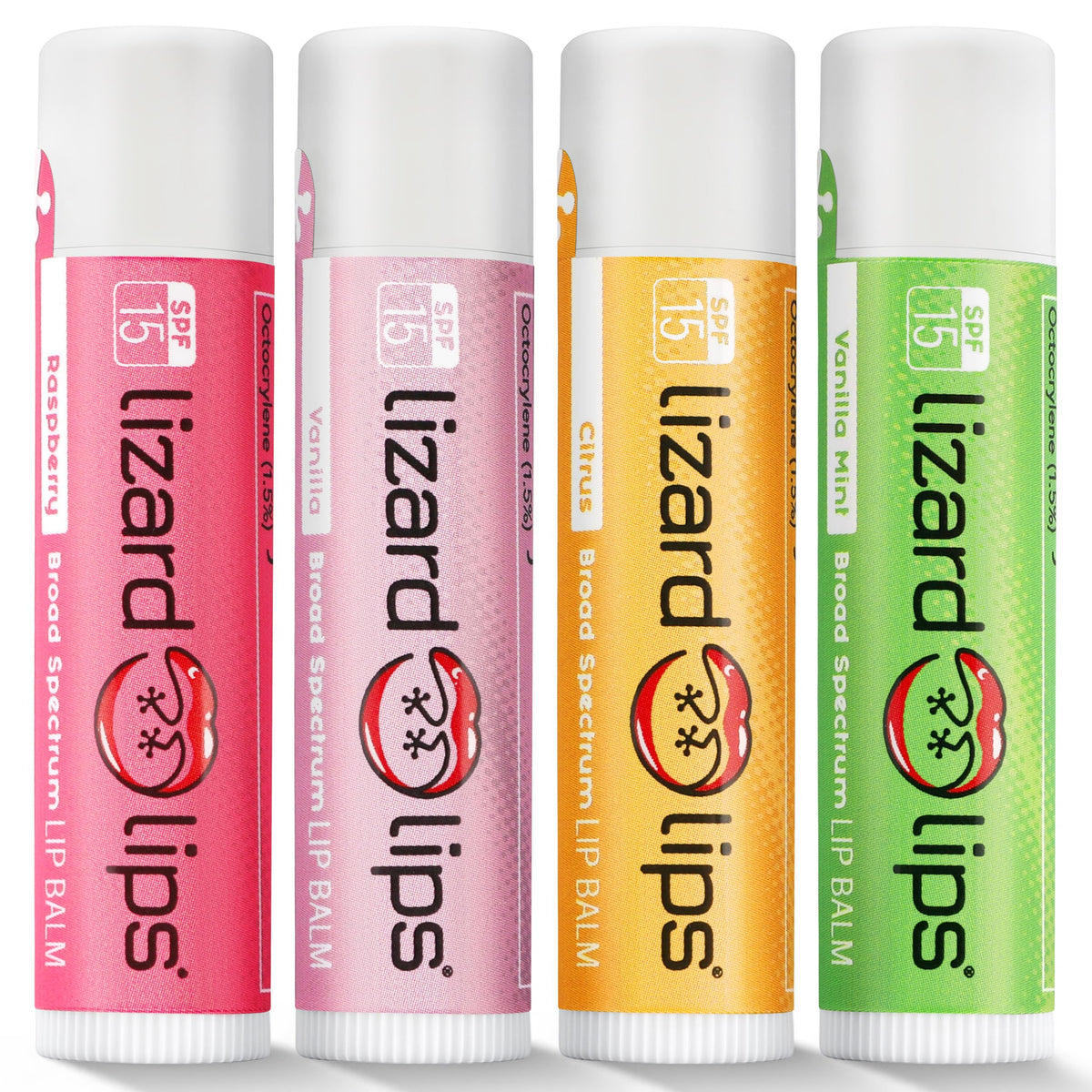 LizardLips front packaging showing four flavored SPF 15 tubes and clear benefit