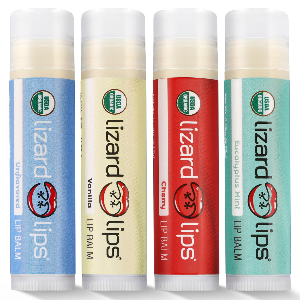 LizardLips front packaging showing four organic balm tubes and product benefit hydration