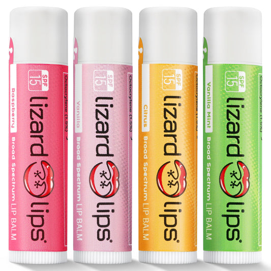 LizardLips front packaging showing four flavored SPF 15 tubes and clear benefit