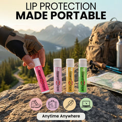 LizardLips beside a smartphone to show compact size for travel and on-the-go use